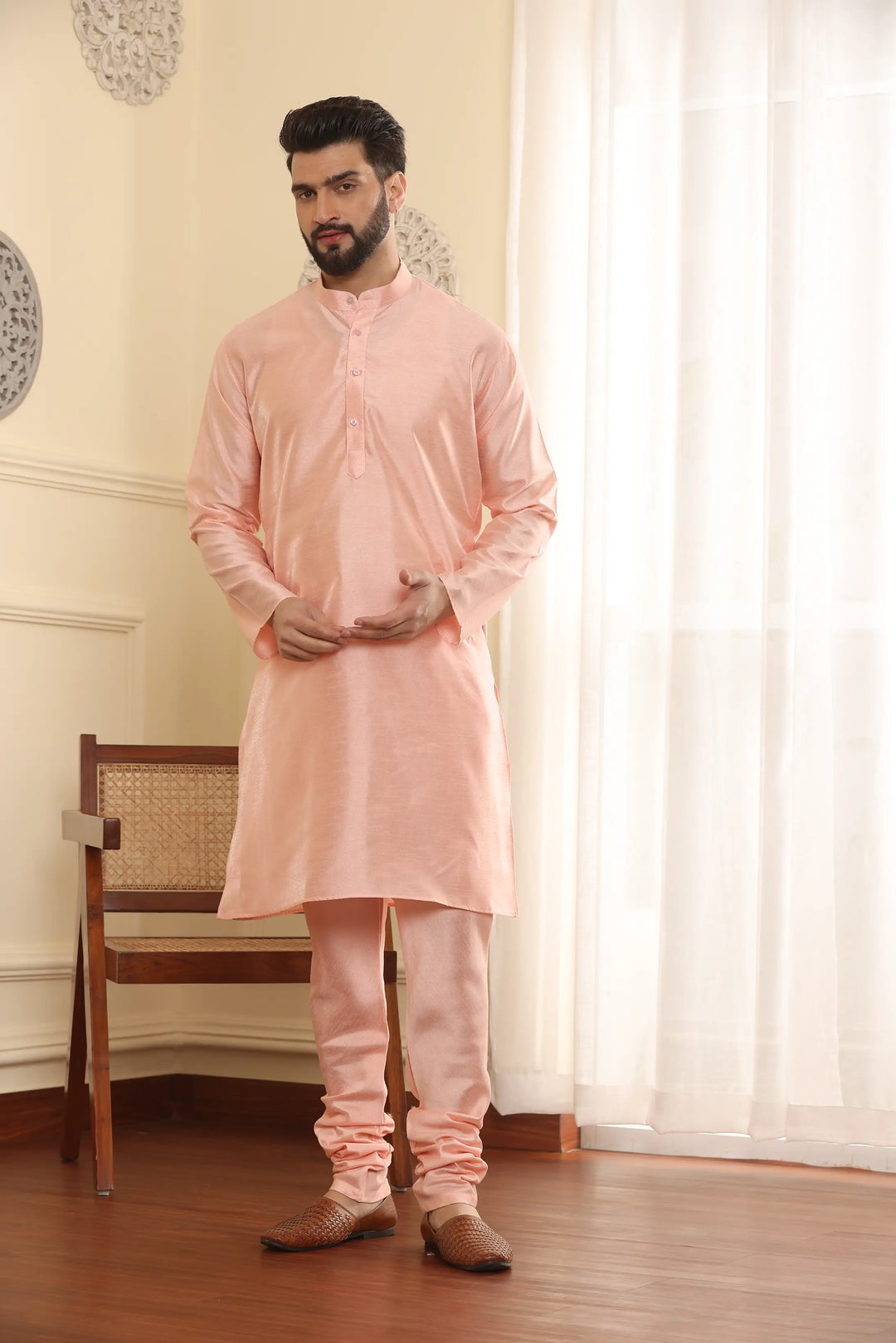 Peach Perfection Modi Jacket Kurta and Churidar Pajama Set for Men – Elevate Your Style with Timeless Elegance