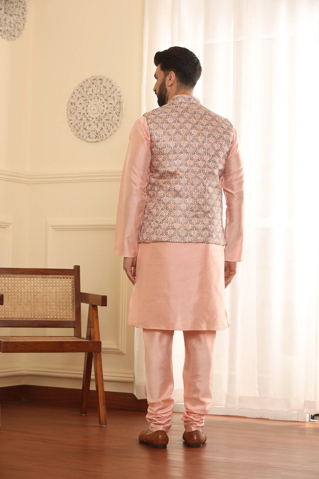 Peach Perfection Modi Jacket Kurta and Churidar Pajama Set for Men – Elevate Your Style with Timeless Elegance