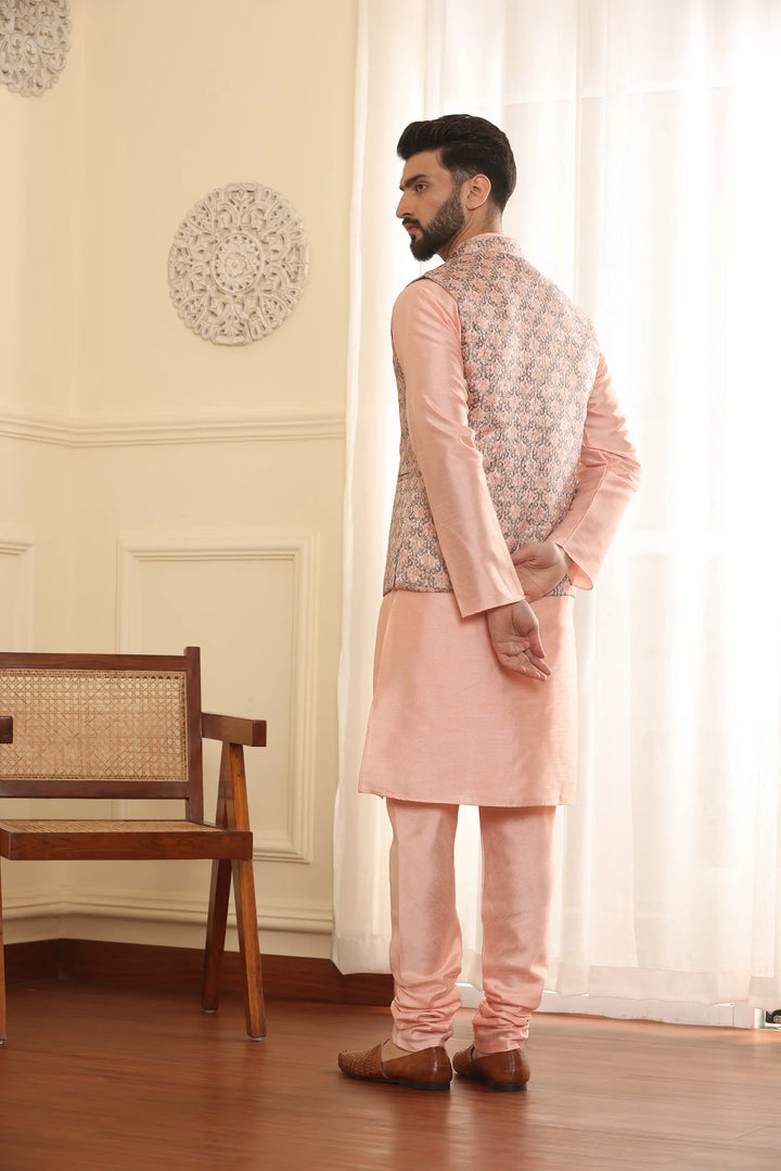 Peach Perfection Modi Jacket Kurta and Churidar Pajama Set for Men – Elevate Your Style with Timeless Elegance