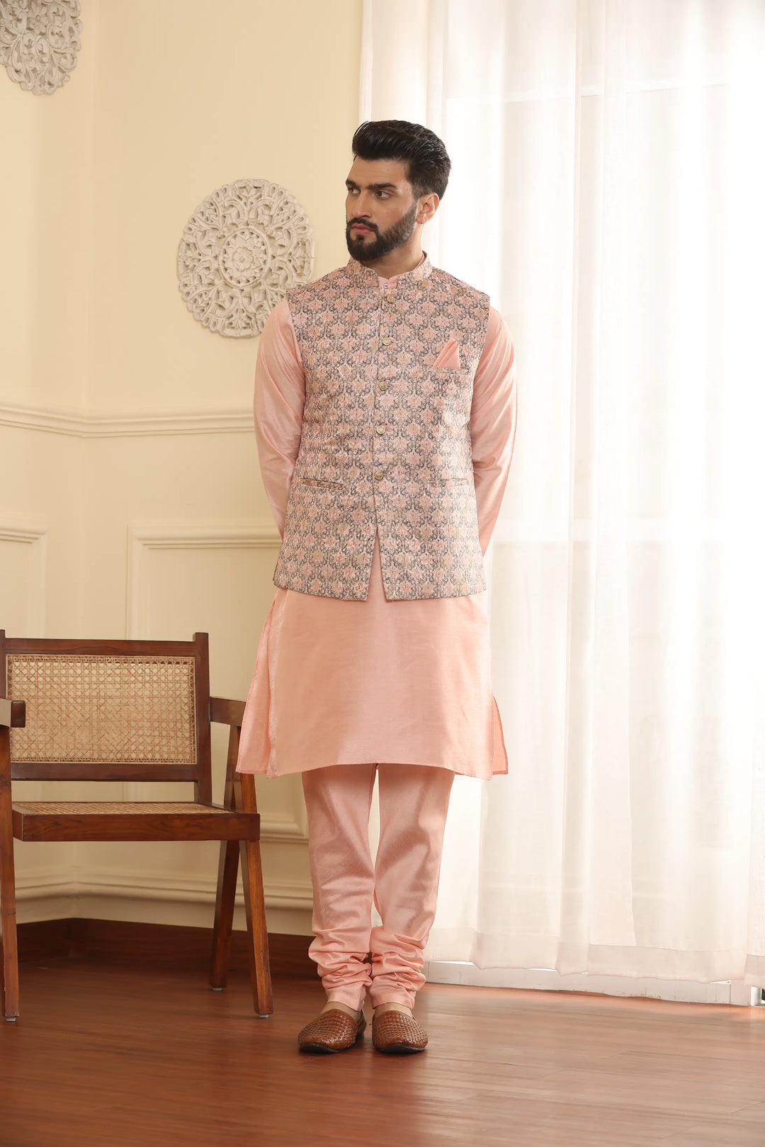 Peach Perfection Modi Jacket Kurta and Churidar Pajama Set for Men – Elevate Your Style with Timeless Elegance