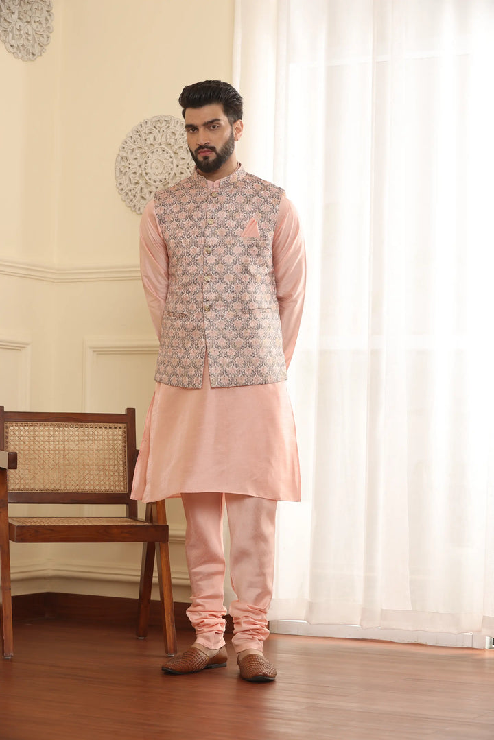 Peach Perfection Modi Jacket Kurta and Churidar Pajama Set for Men – Elevate Your Style with Timeless Elegance