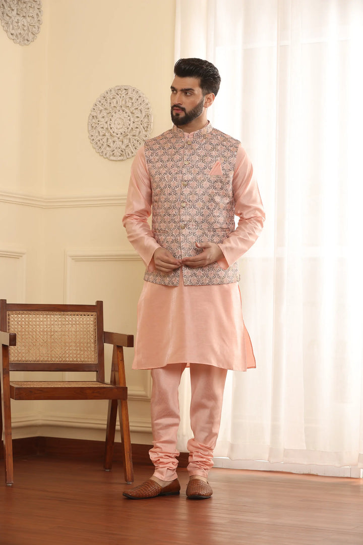 Peach Perfection Modi Jacket Kurta and Churidar Pajama Set for Men – Elevate Your Style with Timeless Elegance