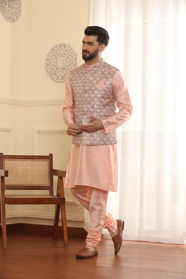 Peach Perfection Modi Jacket Kurta and Churidar Pajama Set for Men – Elevate Your Style with Timeless Elegance