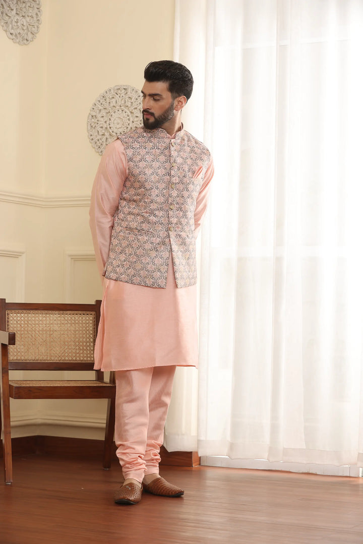 Peach Perfection Modi Jacket Kurta and Churidar Pajama Set for Men – Elevate Your Style with Timeless Elegance