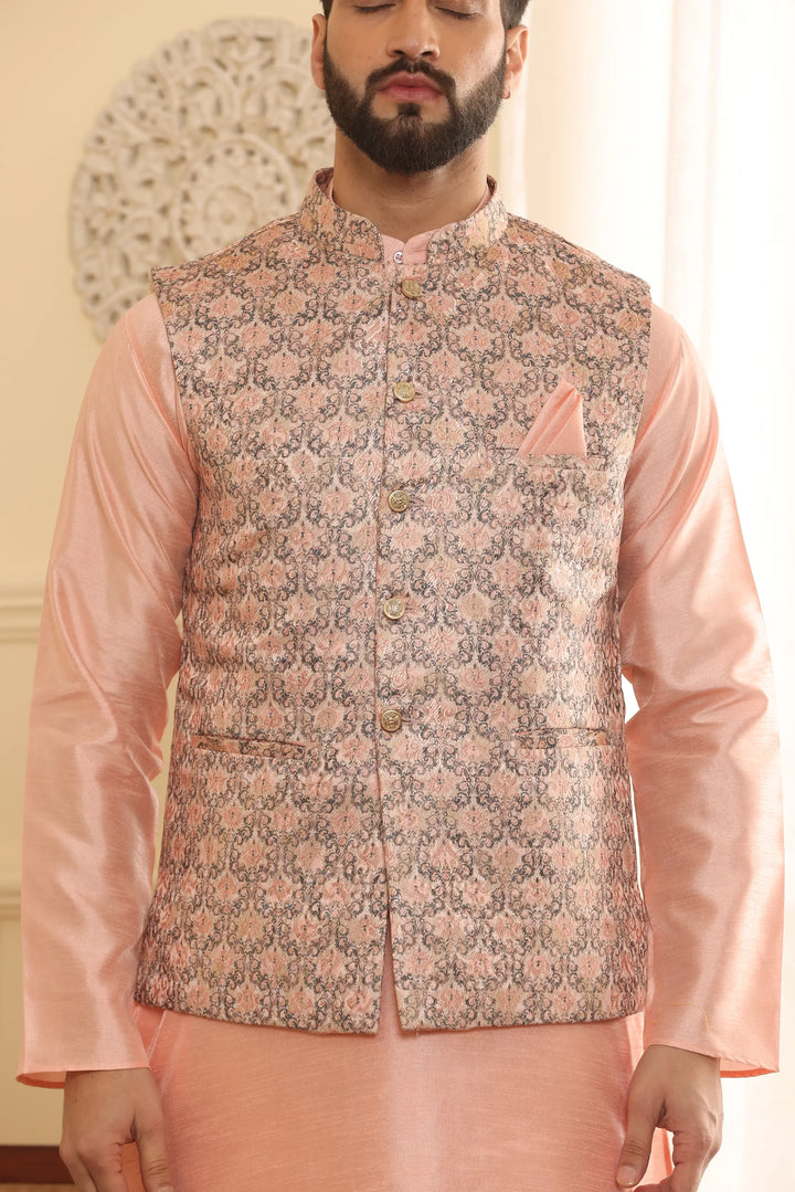 Peach Perfection Modi Jacket Kurta and Churidar Pajama Set for Men – Elevate Your Style with Timeless Elegance