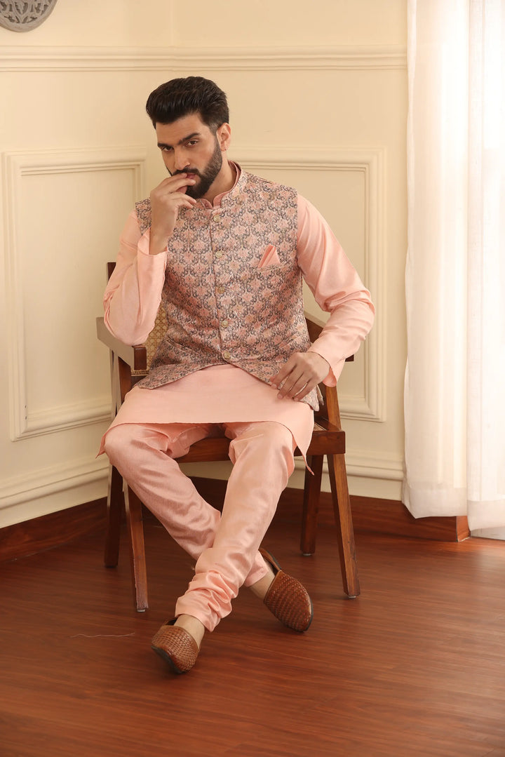 Peach Perfection Modi Jacket Kurta and Churidar Pajama Set for Men – Elevate Your Style with Timeless Elegance