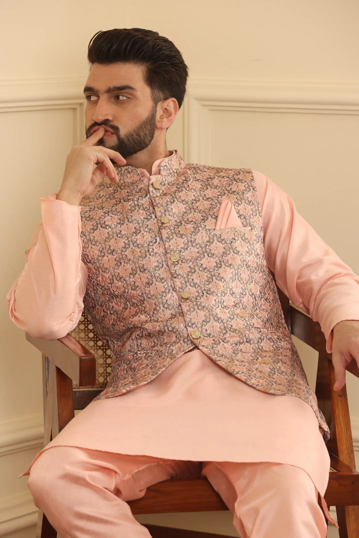 Peach Perfection Modi Jacket Kurta and Churidar Pajama Set for Men – Elevate Your Style with Timeless Elegance