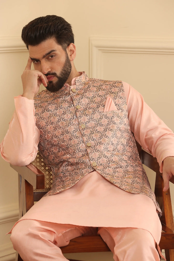 Peach Perfection Modi Jacket Kurta and Churidar Pajama Set for Men – Elevate Your Style with Timeless Elegance