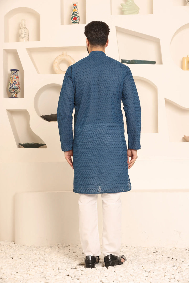 Peacock Blue Chikankari Kurta & Pyjama Set