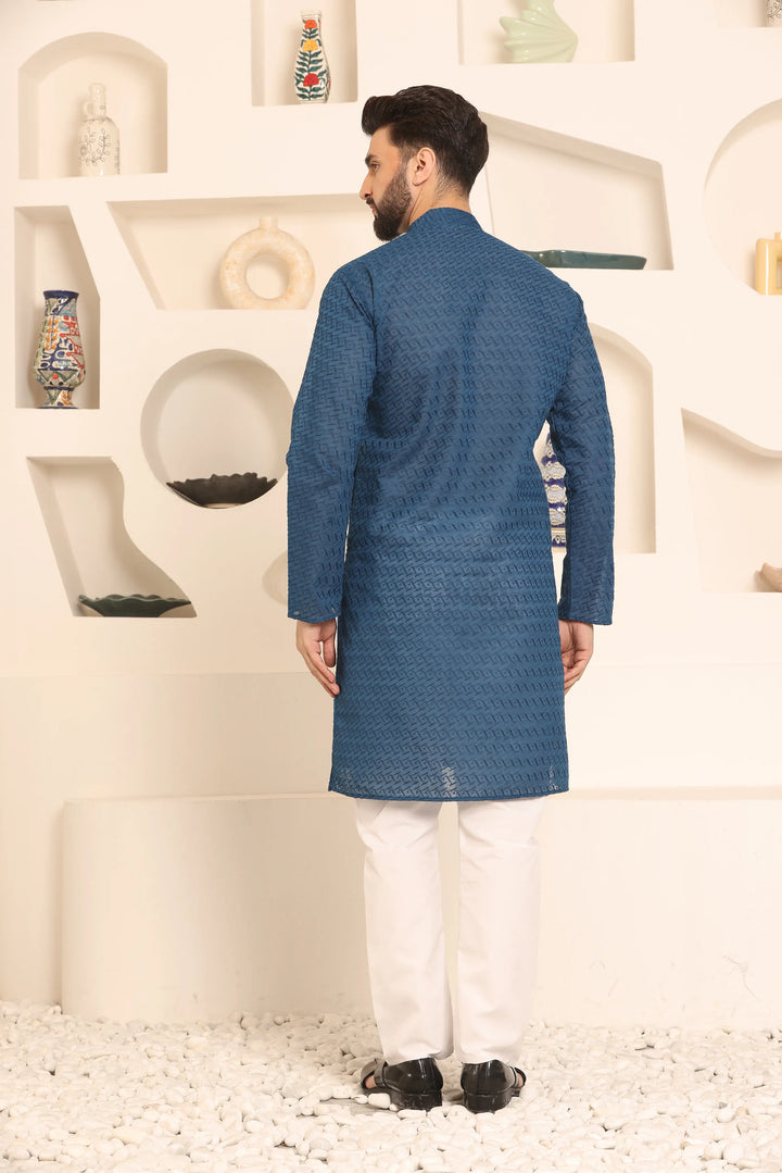 Peacock Blue Chikankari Kurta & Pyjama Set