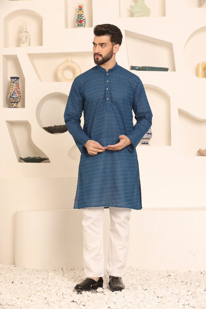 Peacock Blue Chikankari Kurta & Pyjama Set