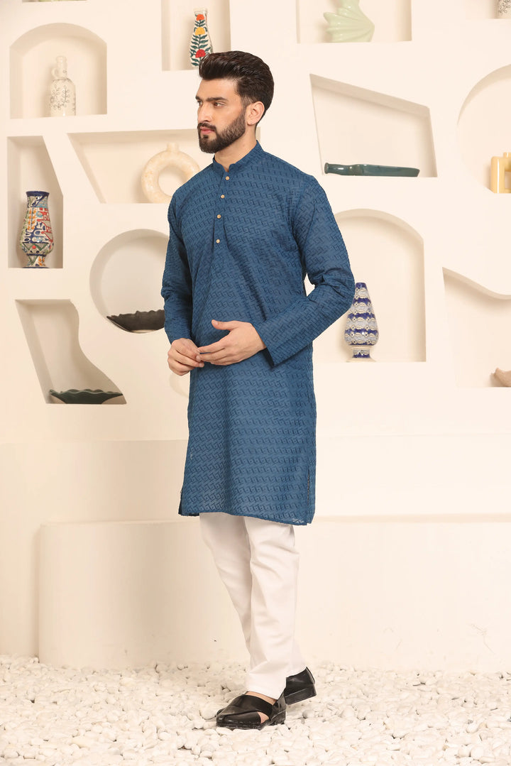 Peacock Blue Chikankari Kurta & Pyjama Set