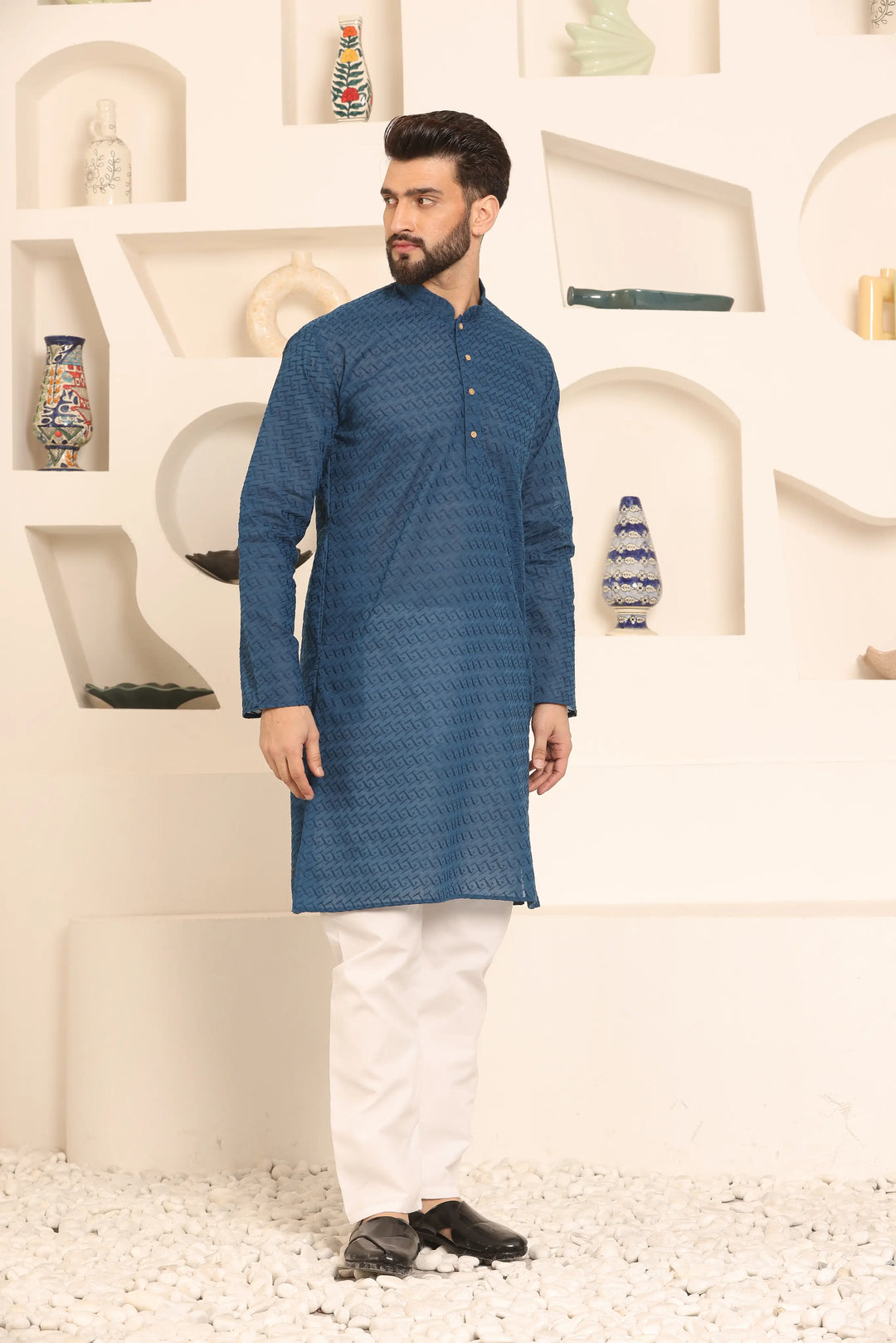 Peacock Blue Chikankari Kurta & Pyjama Set