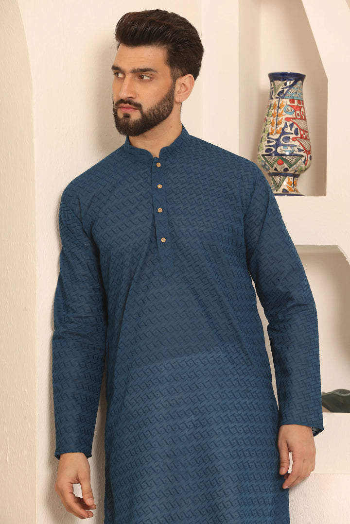 Peacock Blue Chikankari Kurta & Pyjama Set