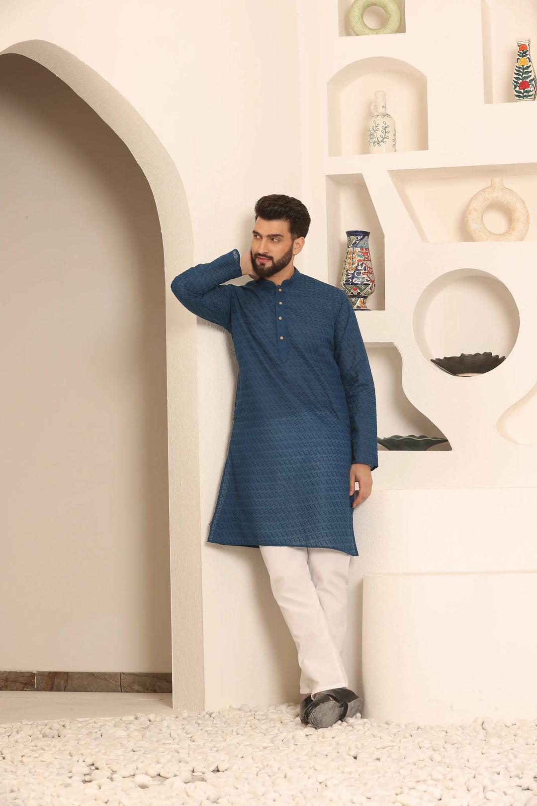 Peacock Blue Chikankari Kurta & Pyjama Set