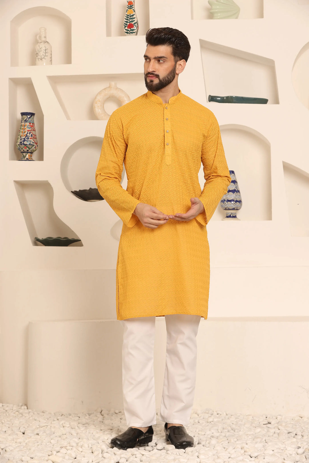 Mustard Chikankari Kurta & Pyjama Set