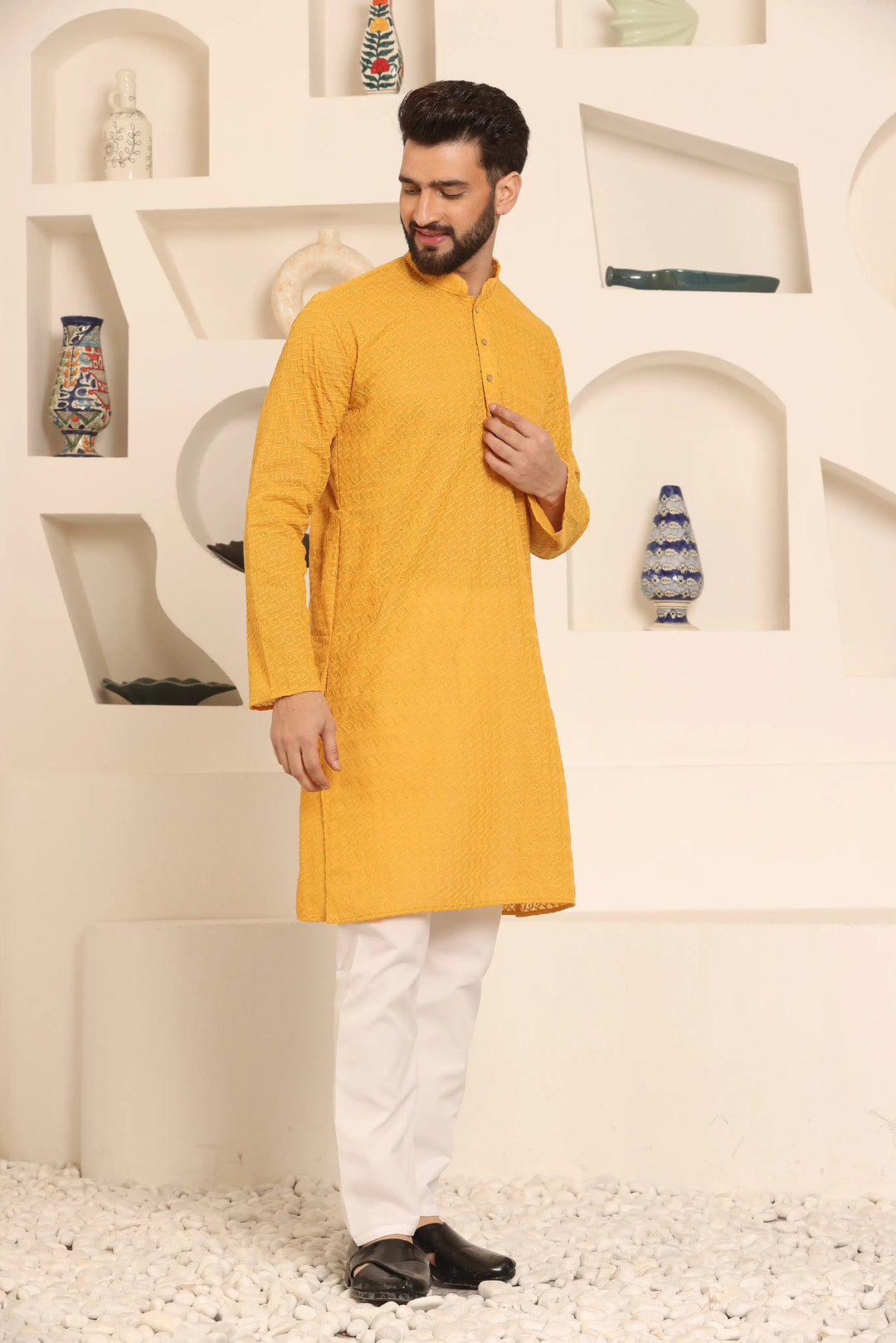 Mustard Chikankari Kurta & Pyjama Set