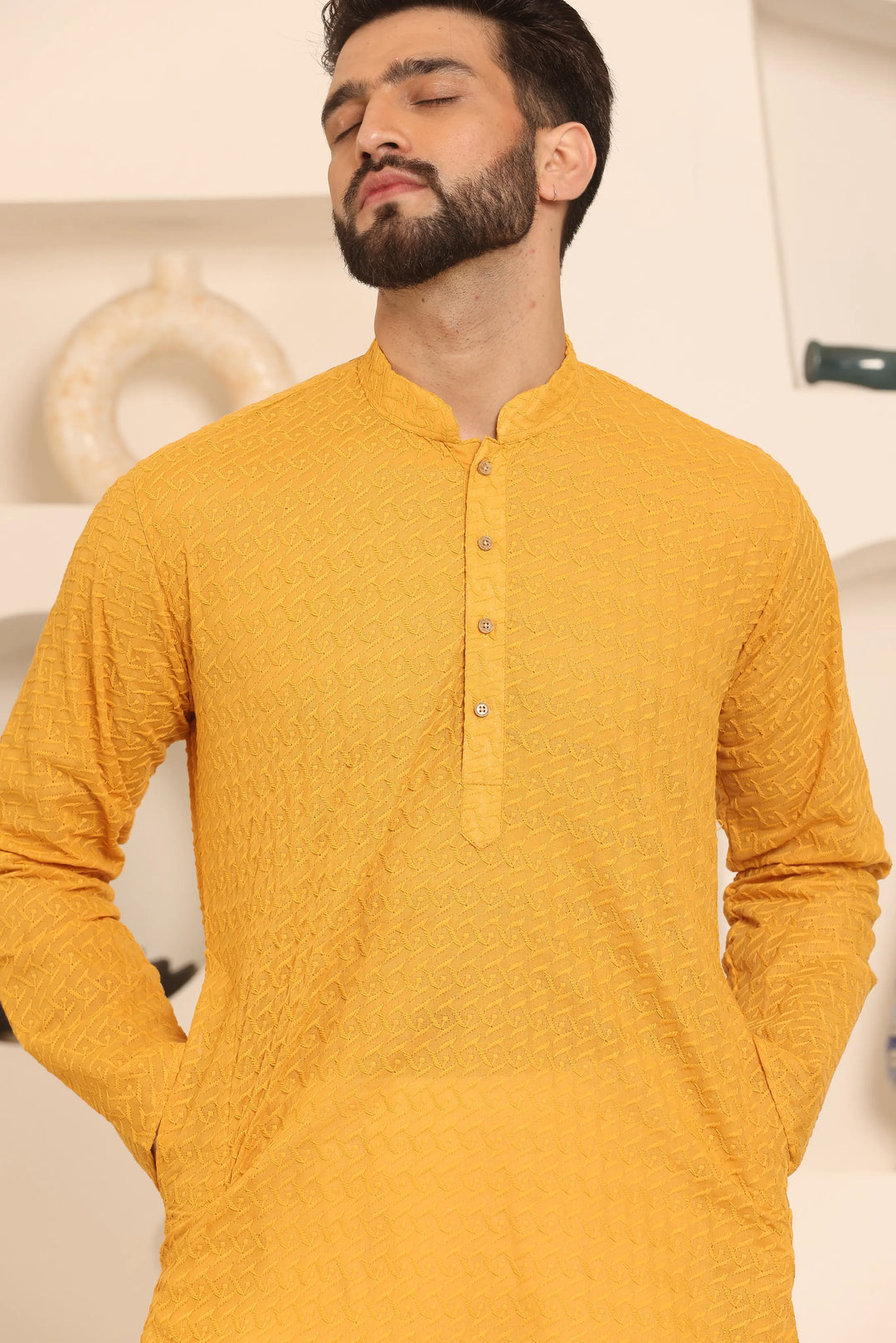 Mustard Chikankari Kurta & Pyjama Set