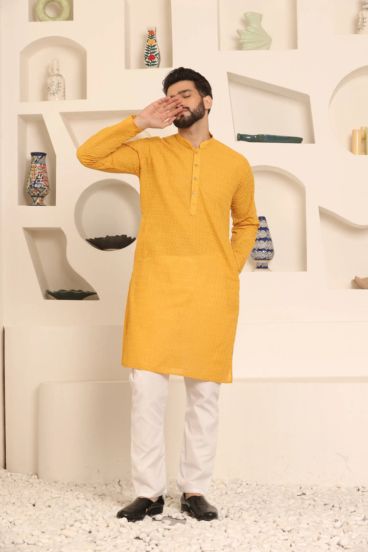 Mustard Chikankari Kurta & Pyjama Set