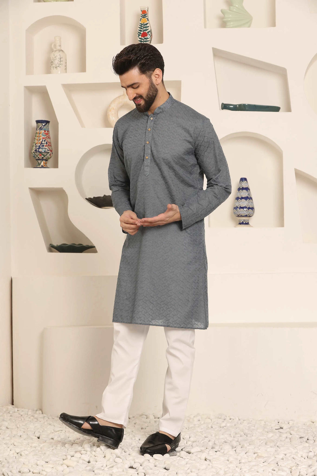 Grey Chikankari Kurta & Pyjama Set