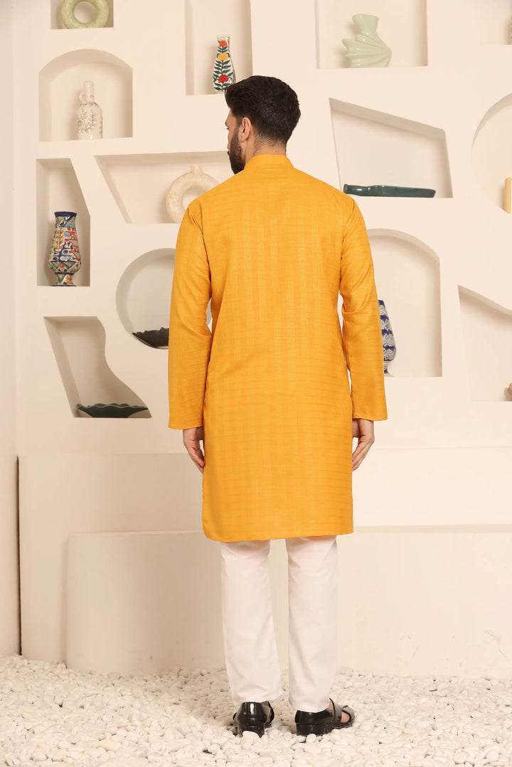 Self-Design Mustard Colour Men's Kurta Pyjama Set