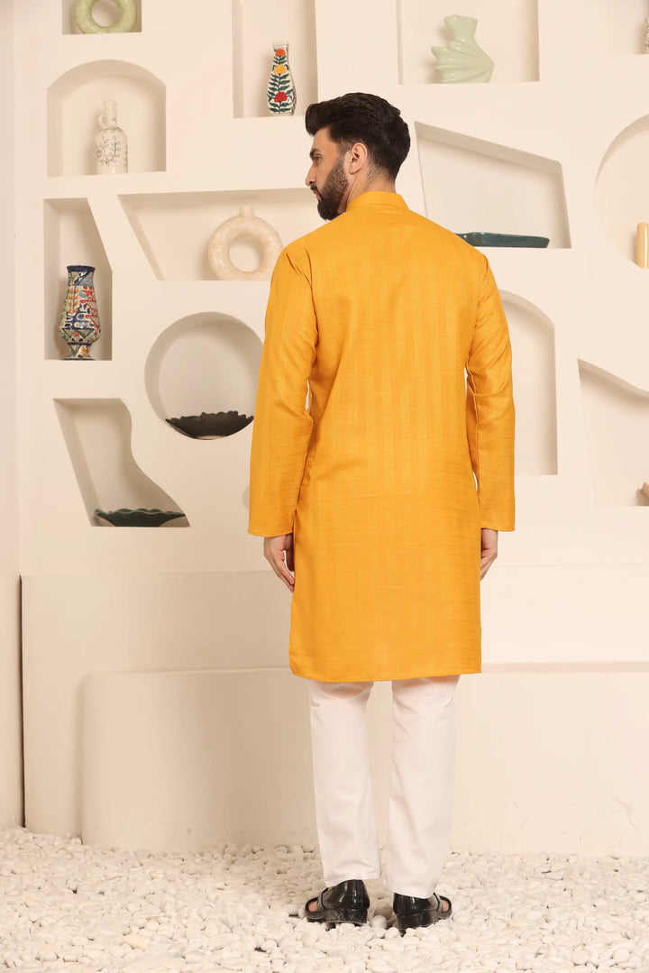 Self-Design Mustard Colour Men's Kurta Pyjama Set