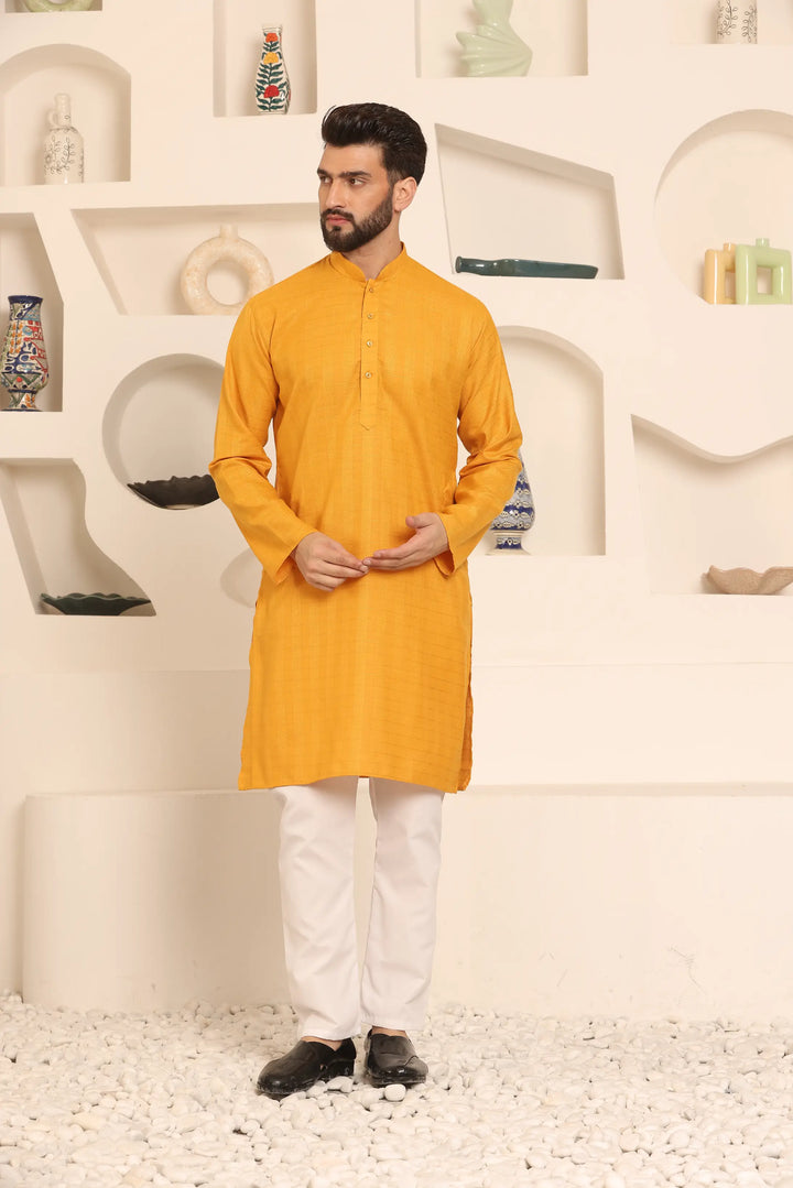 Self-Design Mustard Colour Men's Kurta Pyjama Set