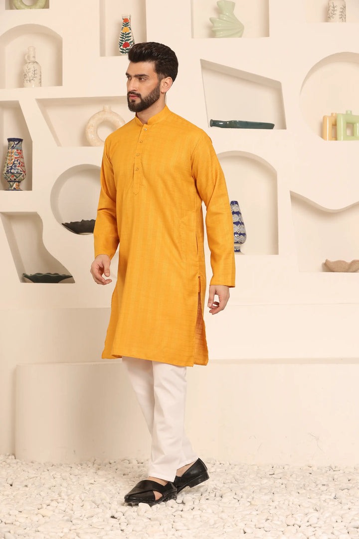 Self-Design Mustard Colour Men's Kurta Pyjama Set