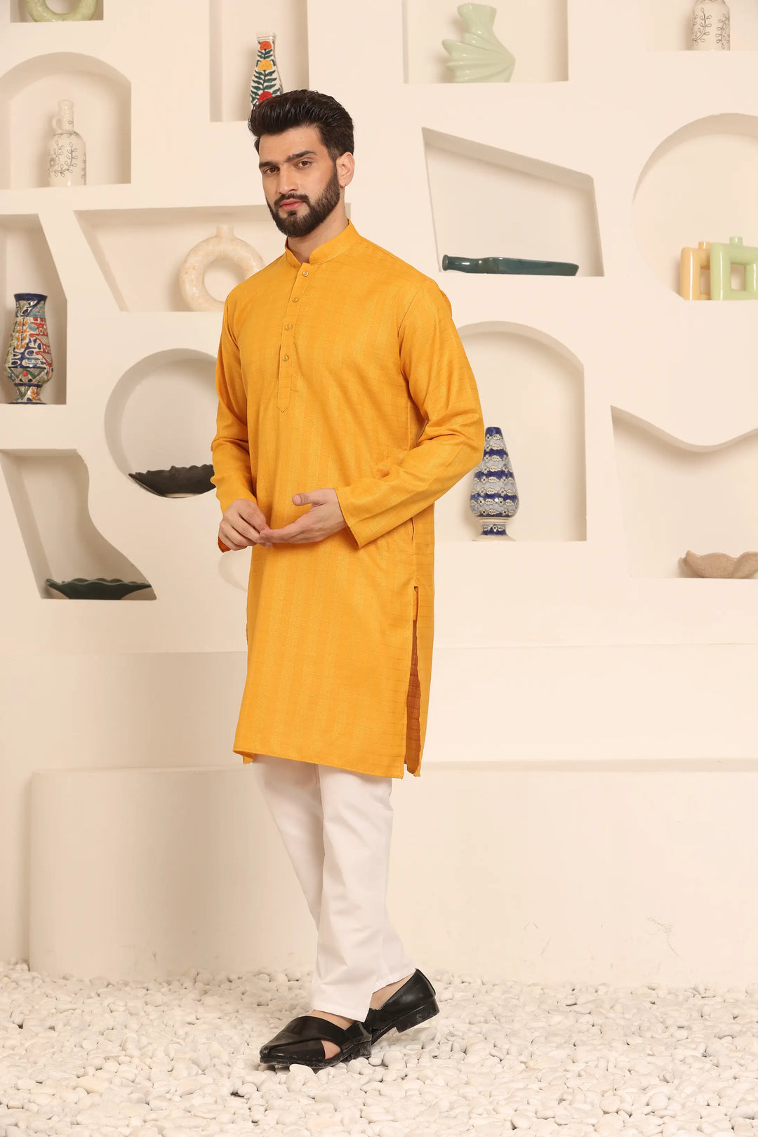 Self-Design Mustard Colour Men's Kurta Pyjama Set