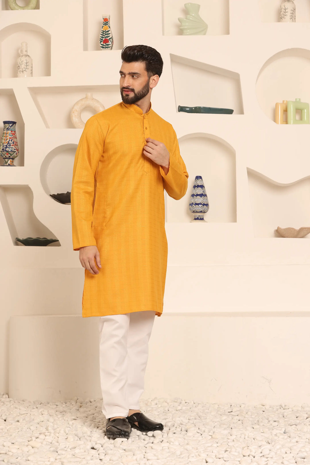 Self-Design Mustard Colour Men's Kurta Pyjama Set