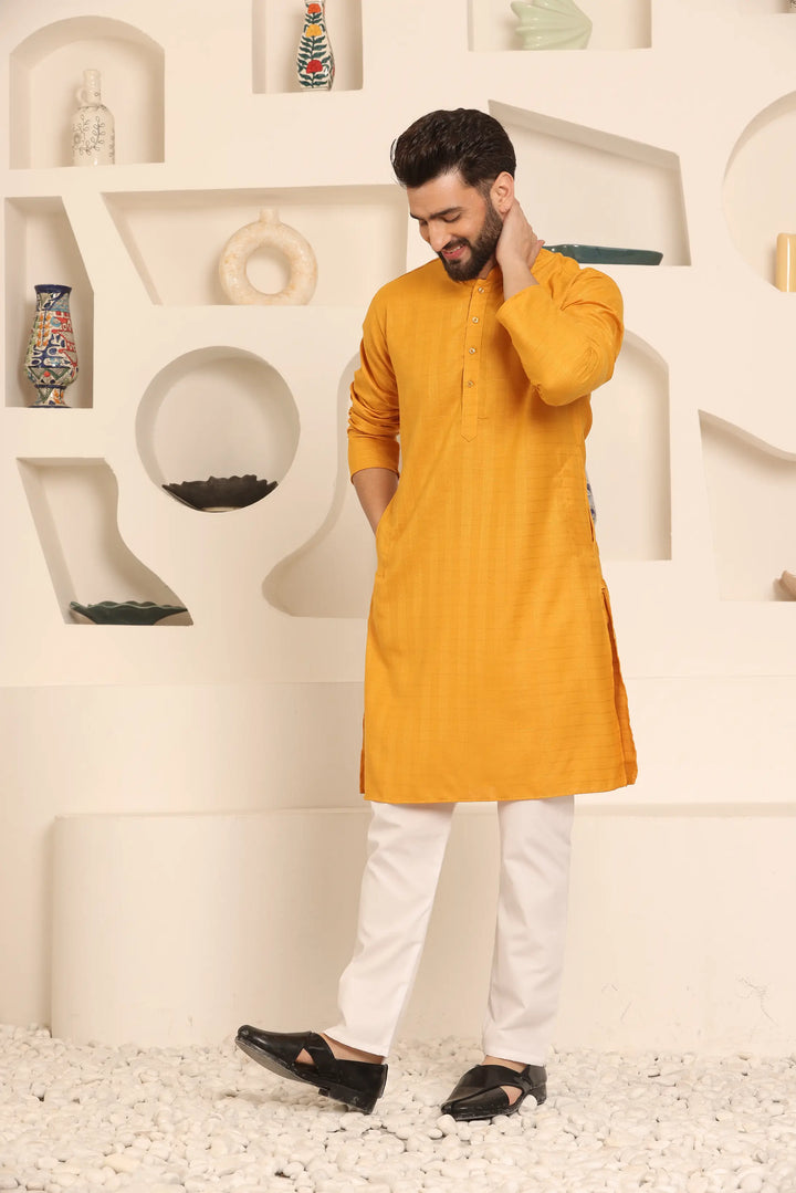 Self-Design Mustard Colour Men's Kurta Pyjama Set