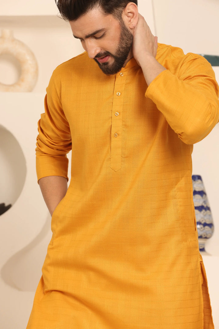 Self-Design Mustard Colour Men's Kurta Pyjama Set