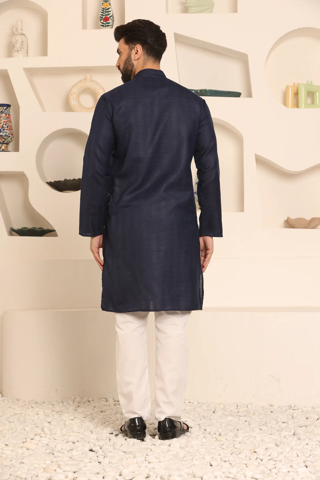 Navy Blue Self-Design Men's Kurta Pyjama Set