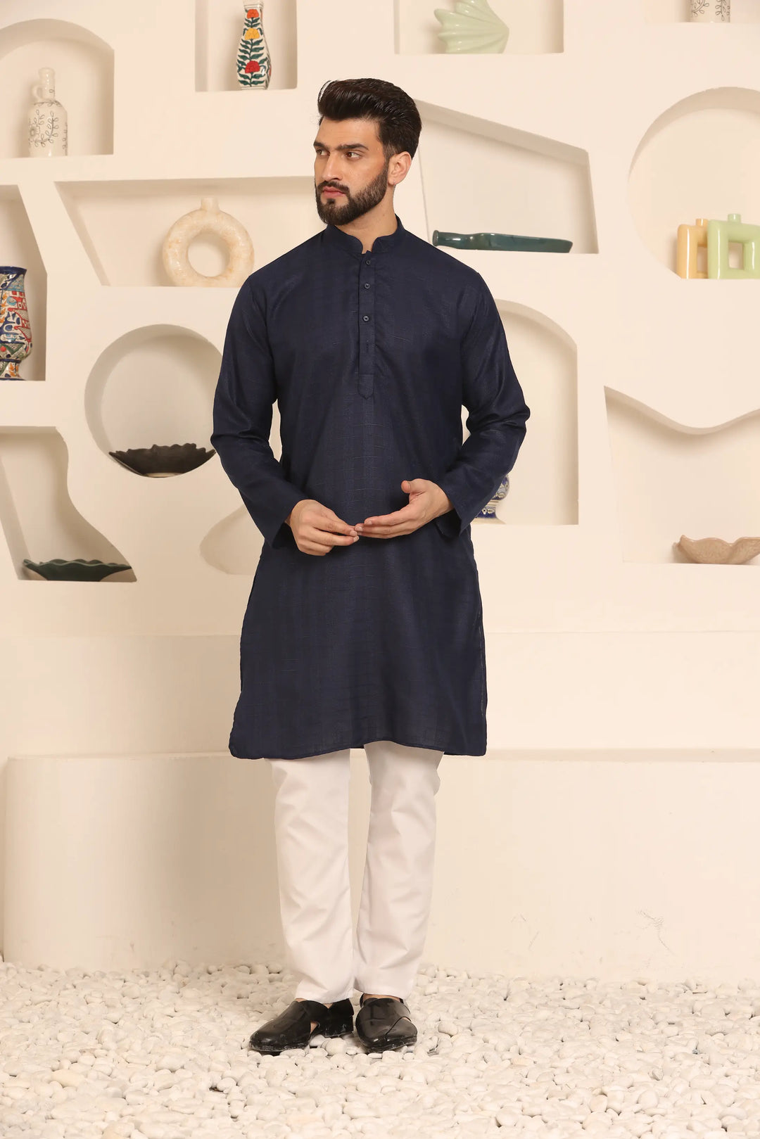 Navy Blue Self-Design Men's Kurta Pyjama Set