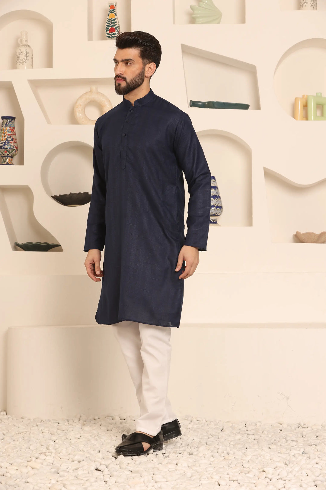 Navy Blue Self-Design Men's Kurta Pyjama Set