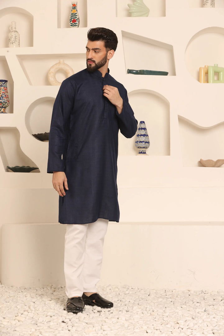 Navy Blue Self-Design Men's Kurta Pyjama Set