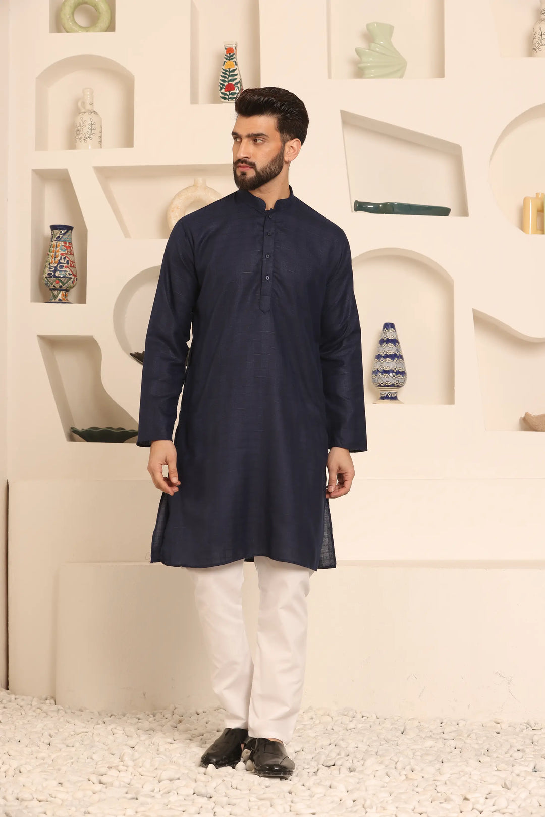 Navy Blue Self-Design Men's Kurta Pyjama Set