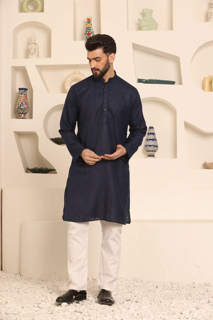 Navy Blue Self-Design Men's Kurta Pyjama Set