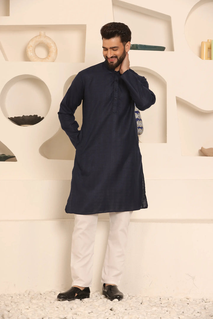 Navy Blue Self-Design Men's Kurta Pyjama Set