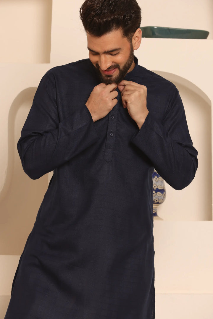 Navy Blue Self-Design Men's Kurta Pyjama Set