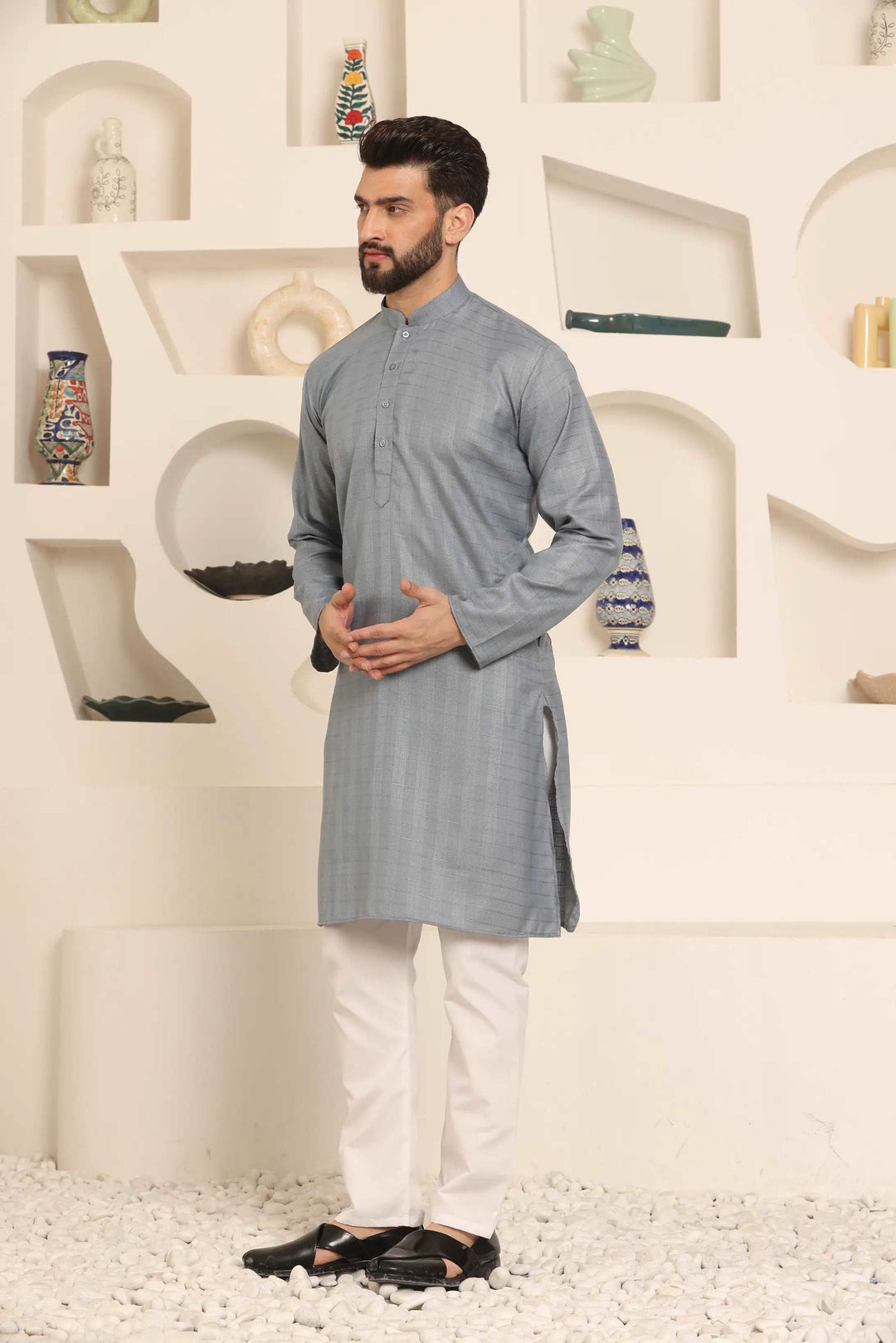 Grey Elegance Self-Design Men's Kurta Pyjama Set