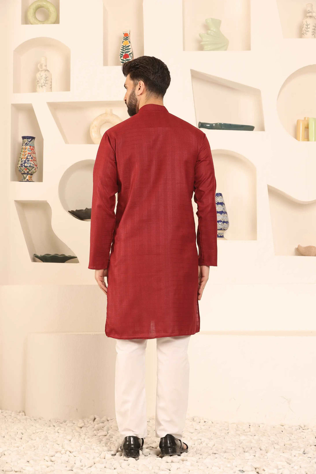 Maroon Self-Design Men's Kurta Pyjama Set for Classic Style