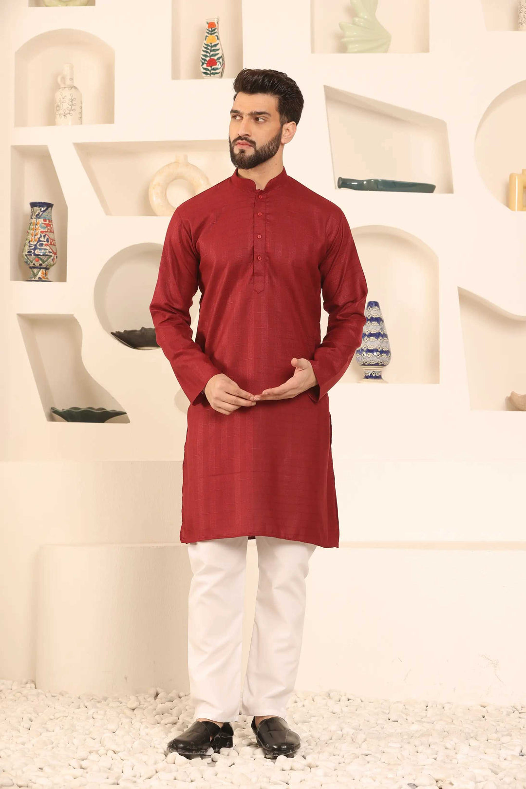 Maroon Self-Design Men's Kurta Pyjama Set for Classic Style