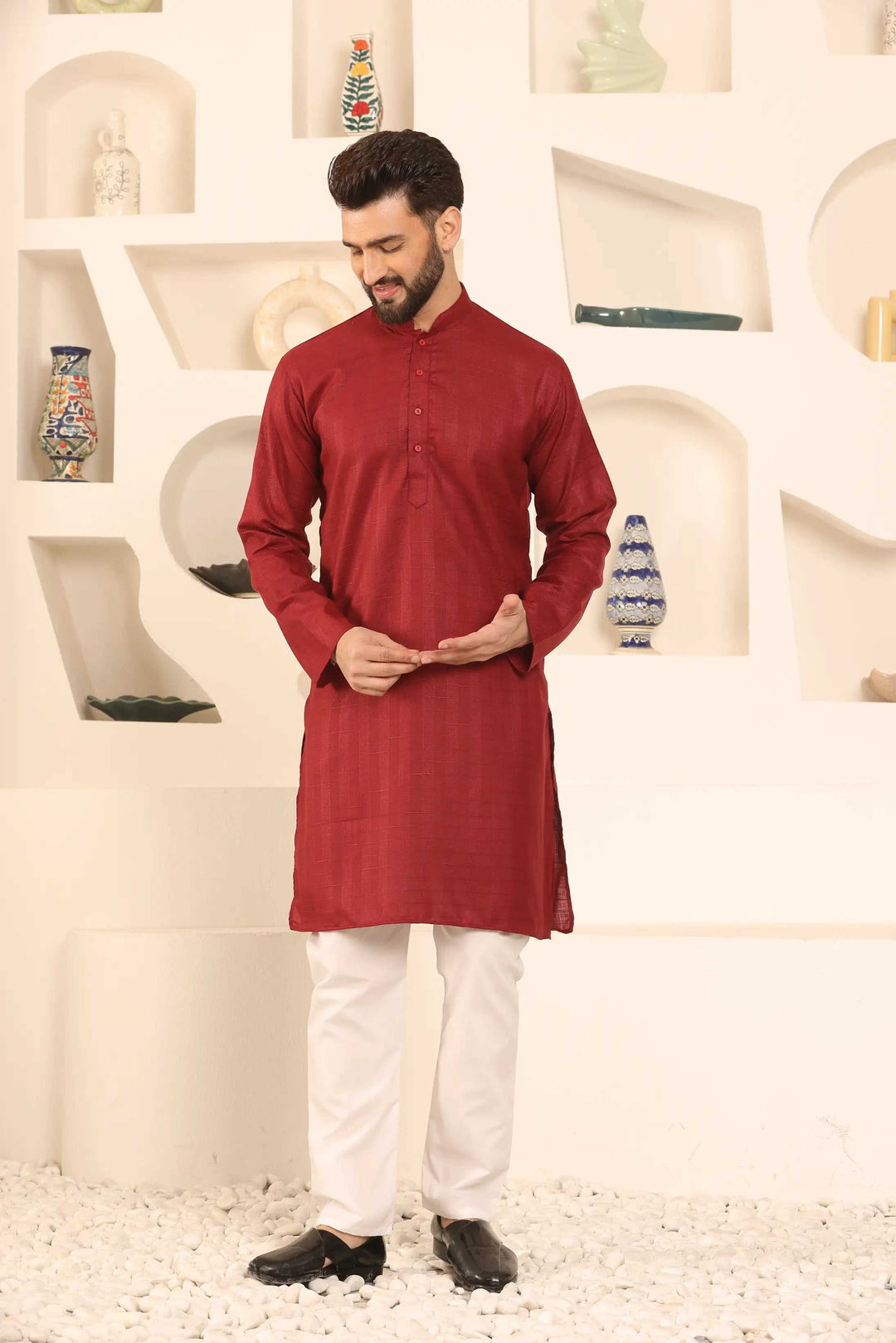 Maroon Self-Design Men's Kurta Pyjama Set for Classic Style