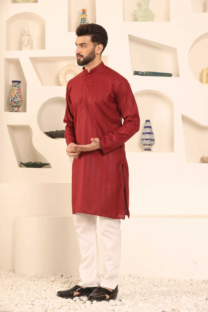 Maroon Self-Design Men's Kurta Pyjama Set for Classic Style