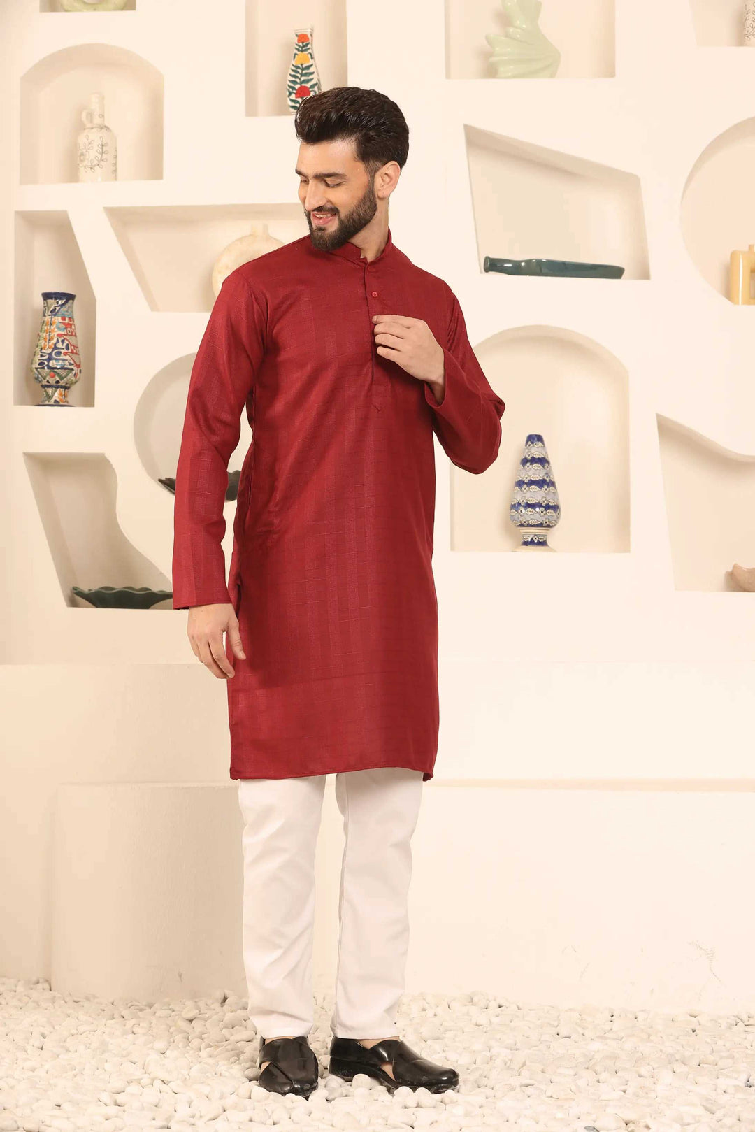 Maroon Self-Design Men's Kurta Pyjama Set for Classic Style