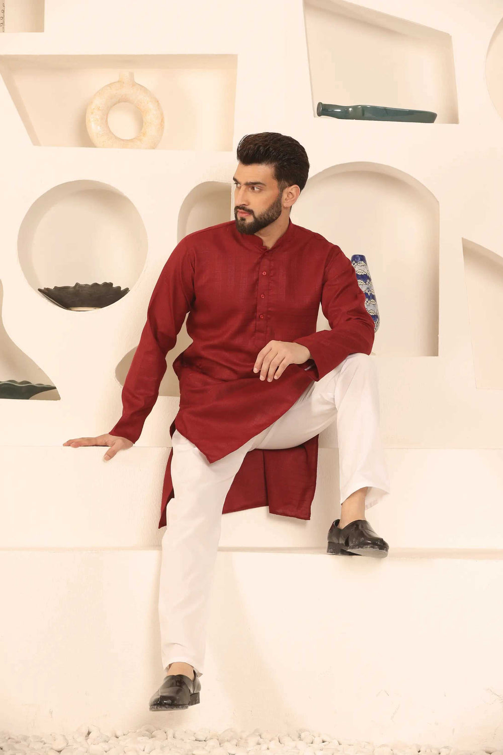 Maroon Self-Design Men's Kurta Pyjama Set for Classic Style