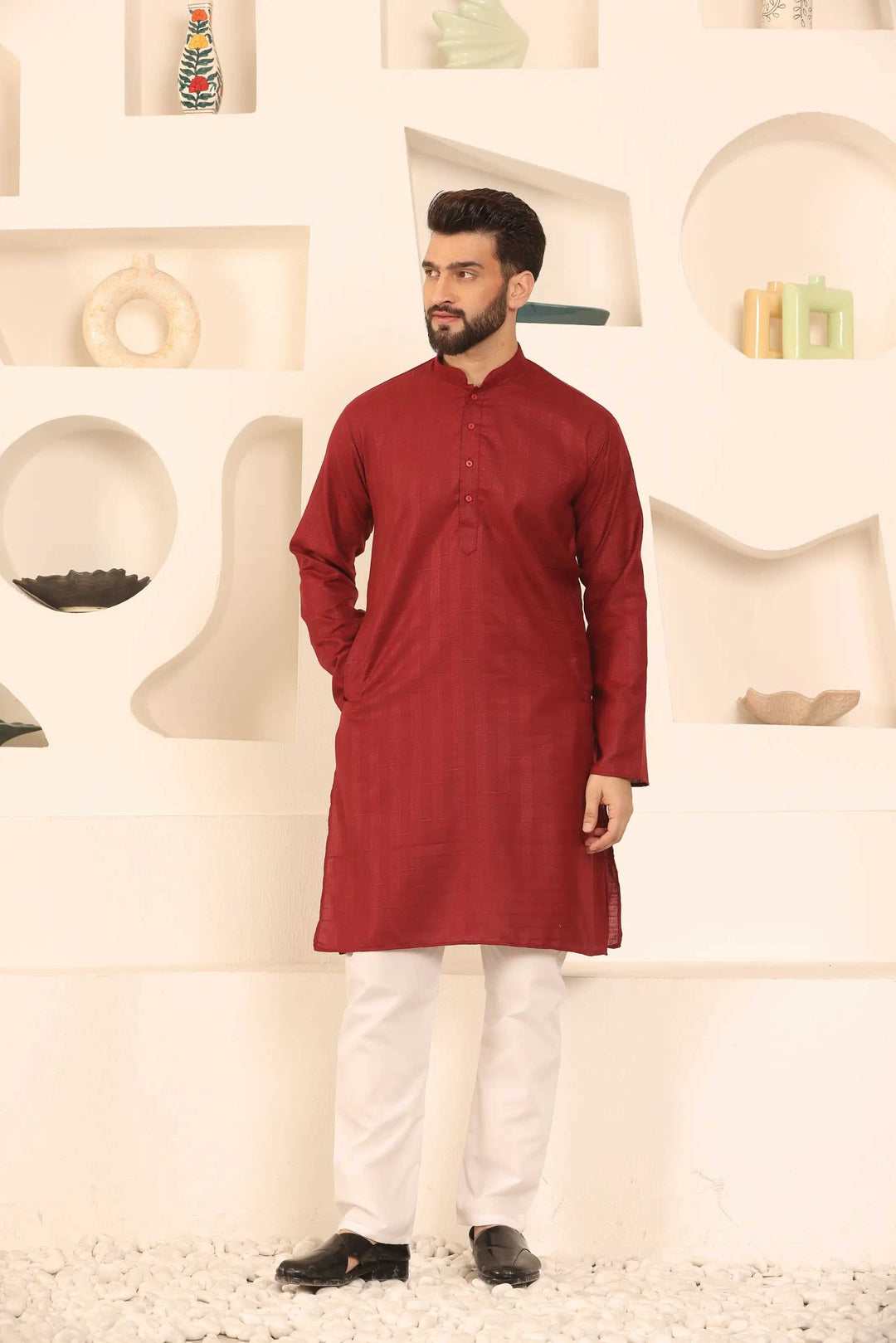 Maroon Self-Design Men's Kurta Pyjama Set for Classic Style