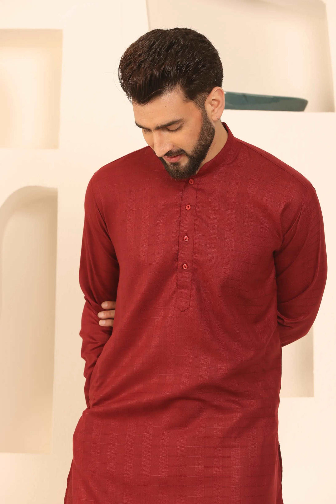 Maroon Self-Design Men's Kurta Pyjama Set for Classic Style