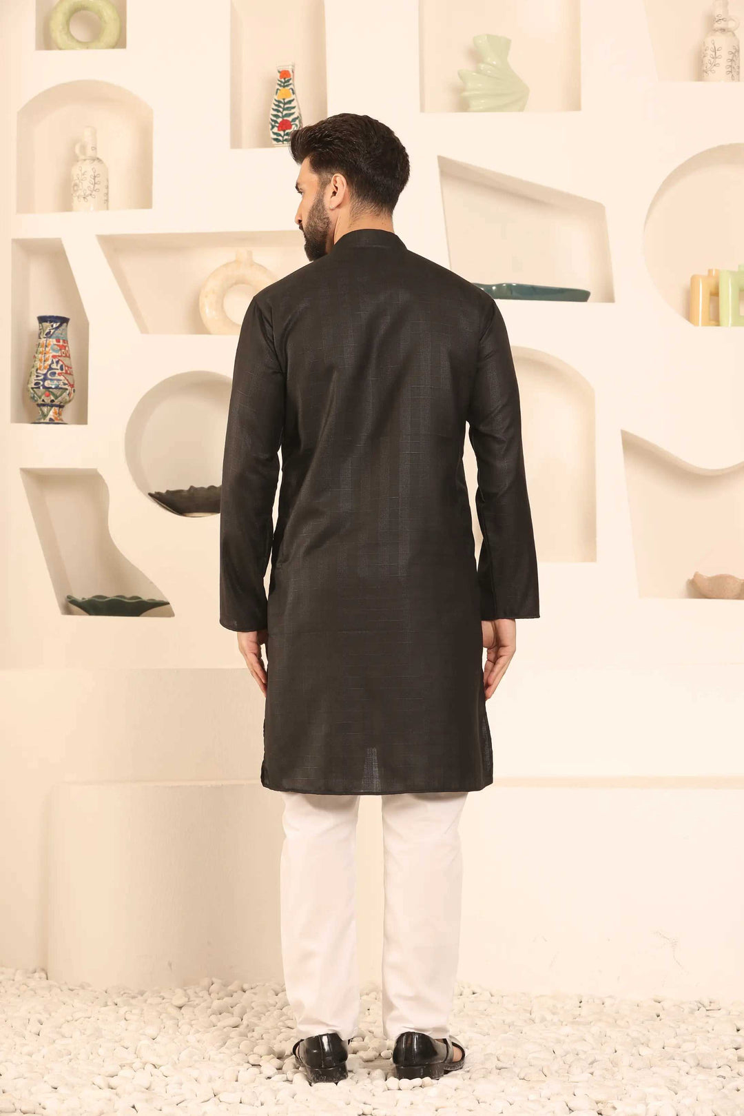 Black Self-Design Cotton Kurta Pyjama Set